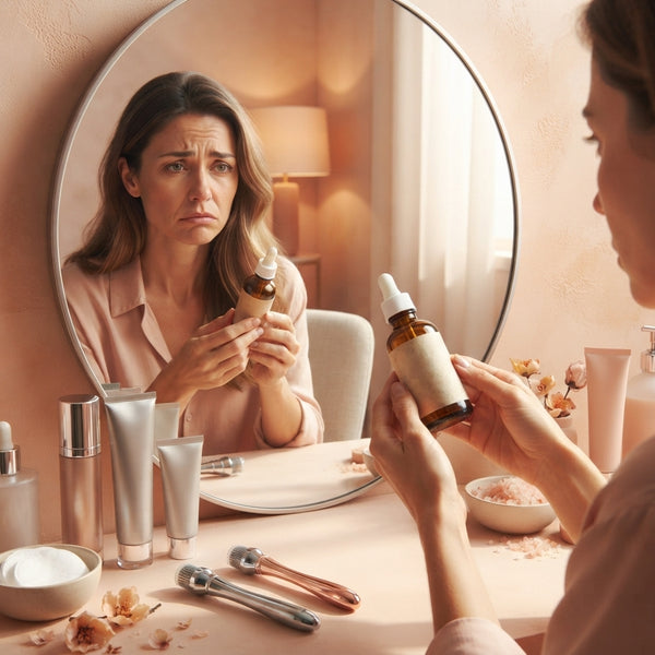 A woman looking in a vanity mirror holding a generic skincare bottle, representing the frustration of inconsistent home skinc