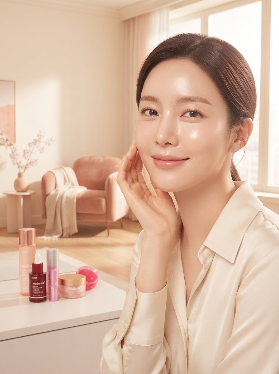 A woman with radiant, clear skin looking confident in a sunlit room with warm blush and cream tones, representing skincare re