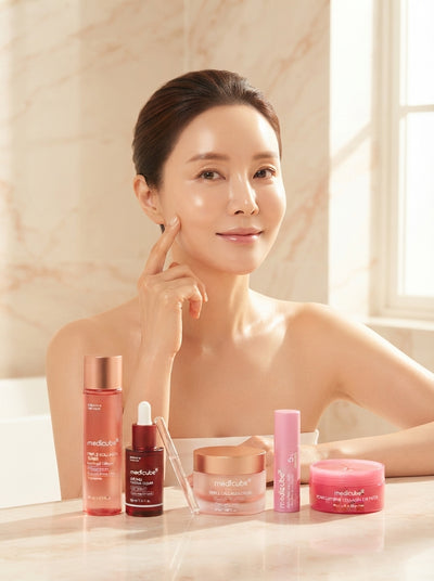 Woman with glowing glass skin touching her cheek in a sunlit, blush-toned bathroom.