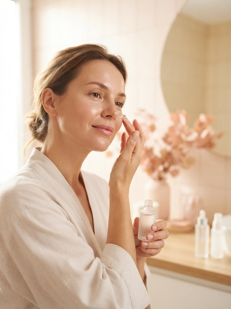 A woman applying skincare serum in a sunlit bathroom, showing healthy, glowing skin.