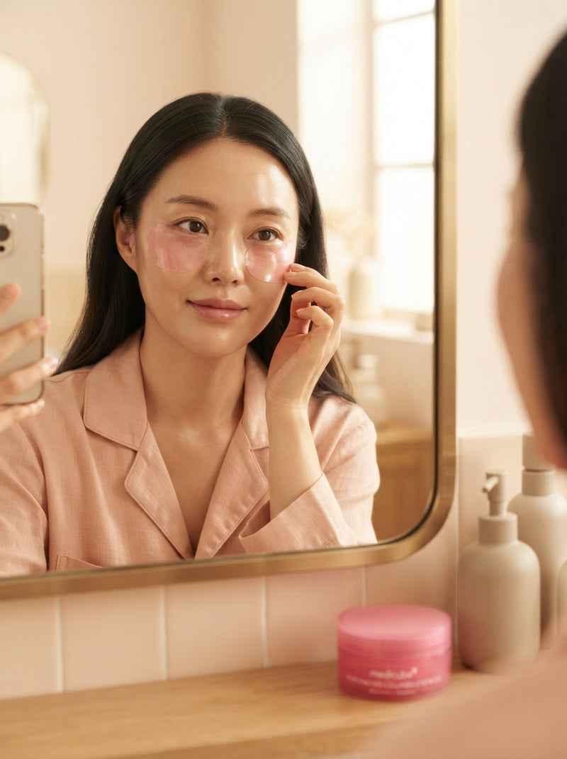 A candid mirror selfie of a person with radiant, smooth, and plump skin standing in a sunlit, modern bathroom.
